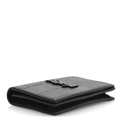 Saint Laurent Calfskin Crocodile Embossed Monogram Monochrome Business Card Holder Black 4 of 9