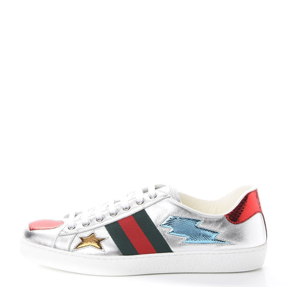 Gucci Metallic Nappa Ayers Web Lightning Bolt Embroidered Mens Ace Sneakers 9.5 Silver 1 of 12