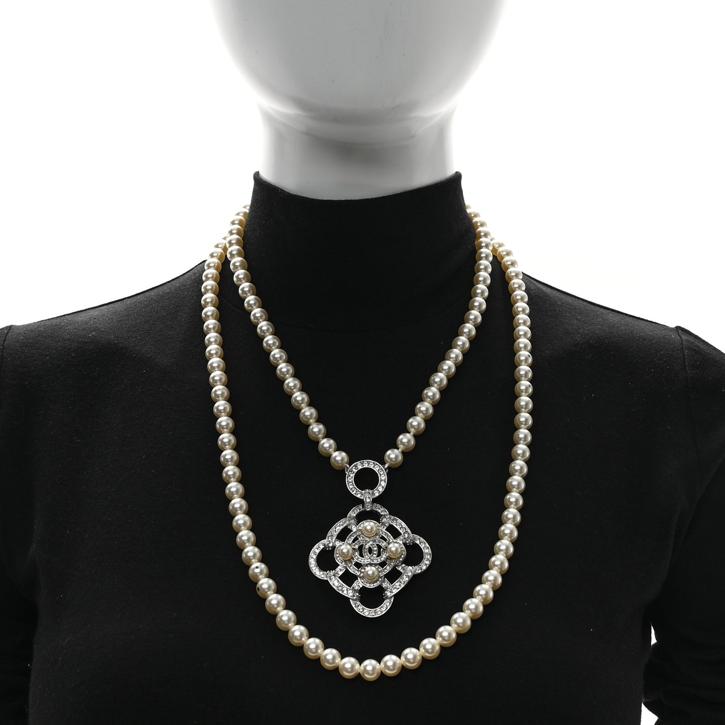 Pearl Crystal CC Pendant Double Strand Necklace Pearly White Silver