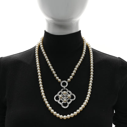 Chanel Pearl Crystal CC Pendant Double Strand Necklace Pearly White Silver 2 of 6