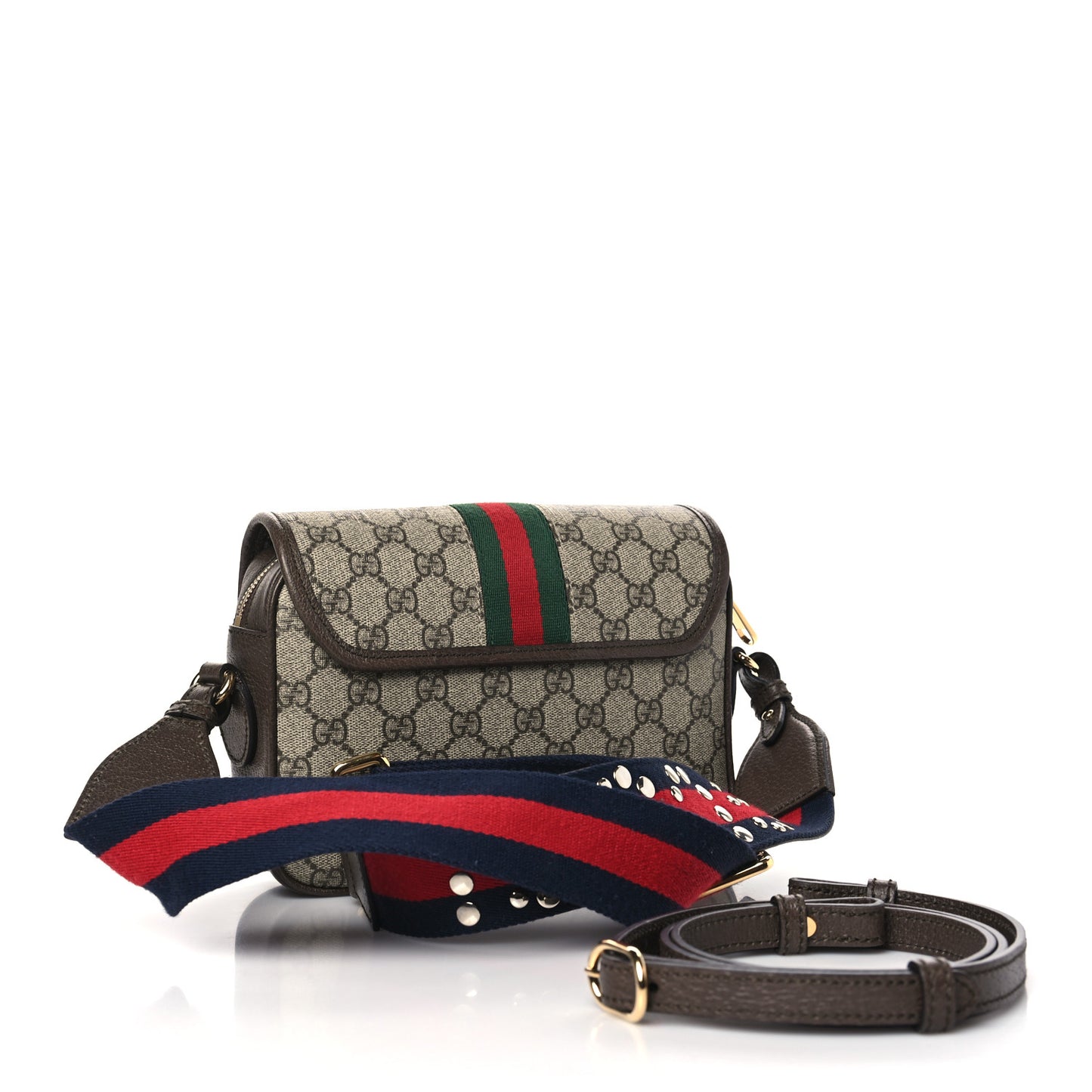 GG Supreme Monogram Textured Dollar Calfskin Web Studded Mini Ophidia Flap Shoulder Bag Beige Ebony New Acero