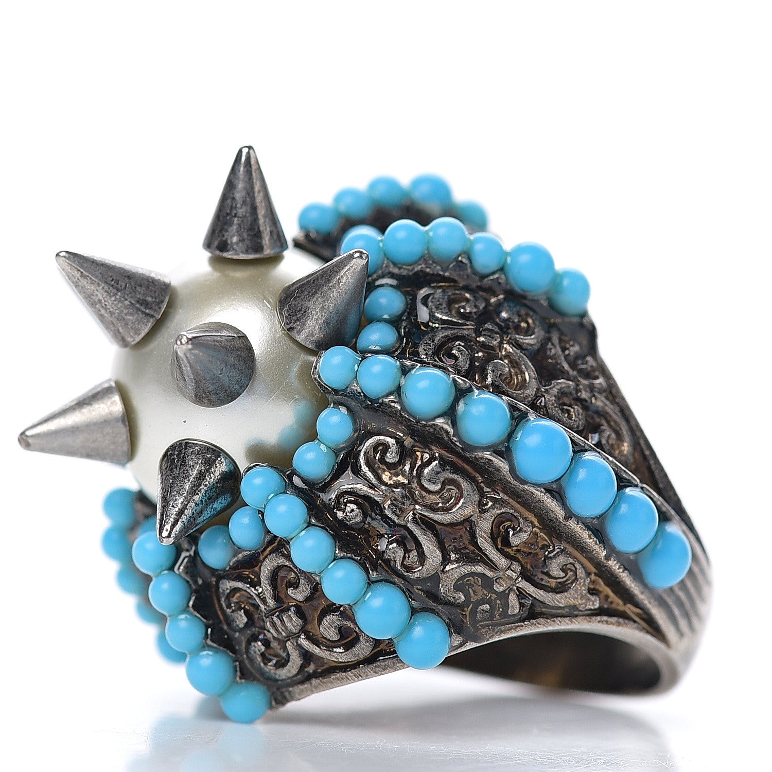 Gucci Pearl Beaded Spiked Ring 6.5 Silver Turquoise 2 of 6