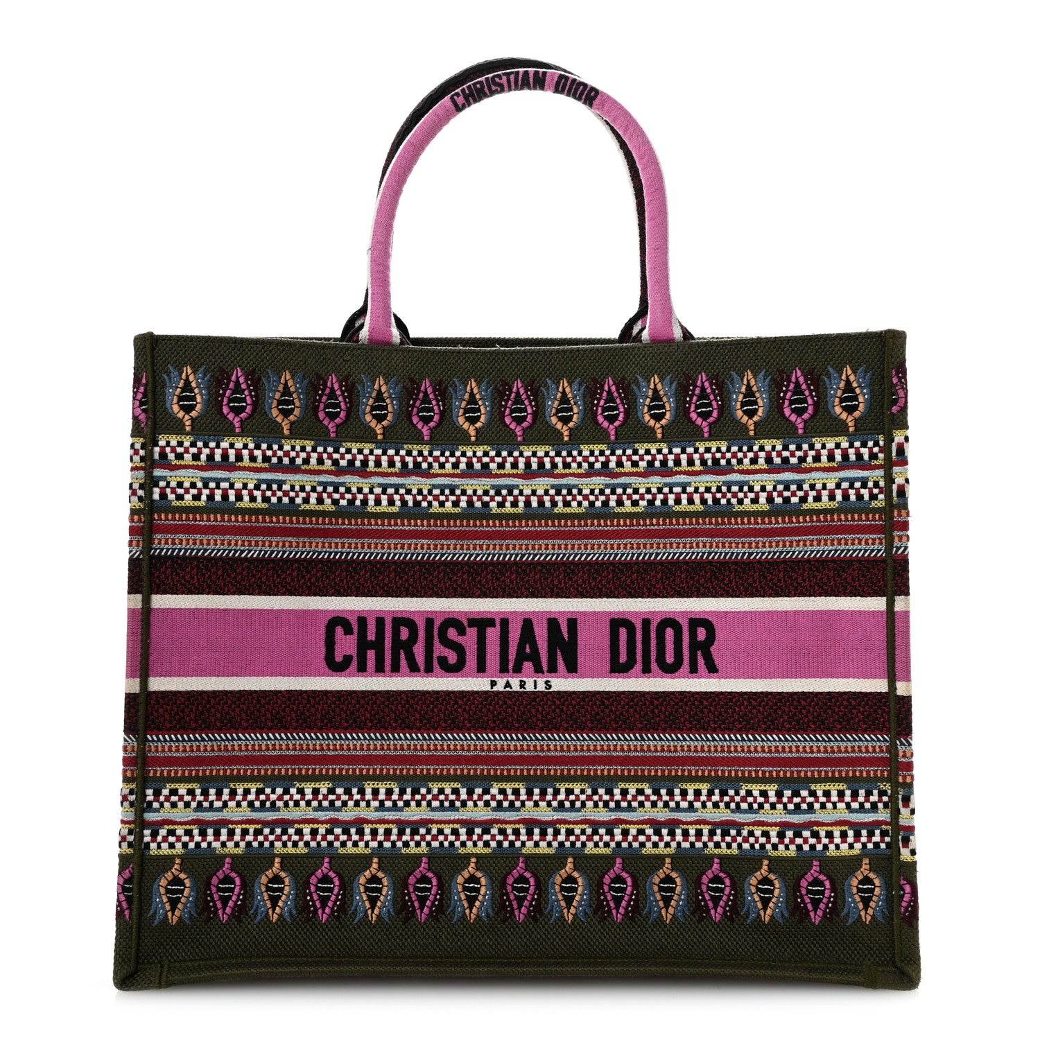 Christian Dior Canvas Embroidered Book Tote Olive Multicolor