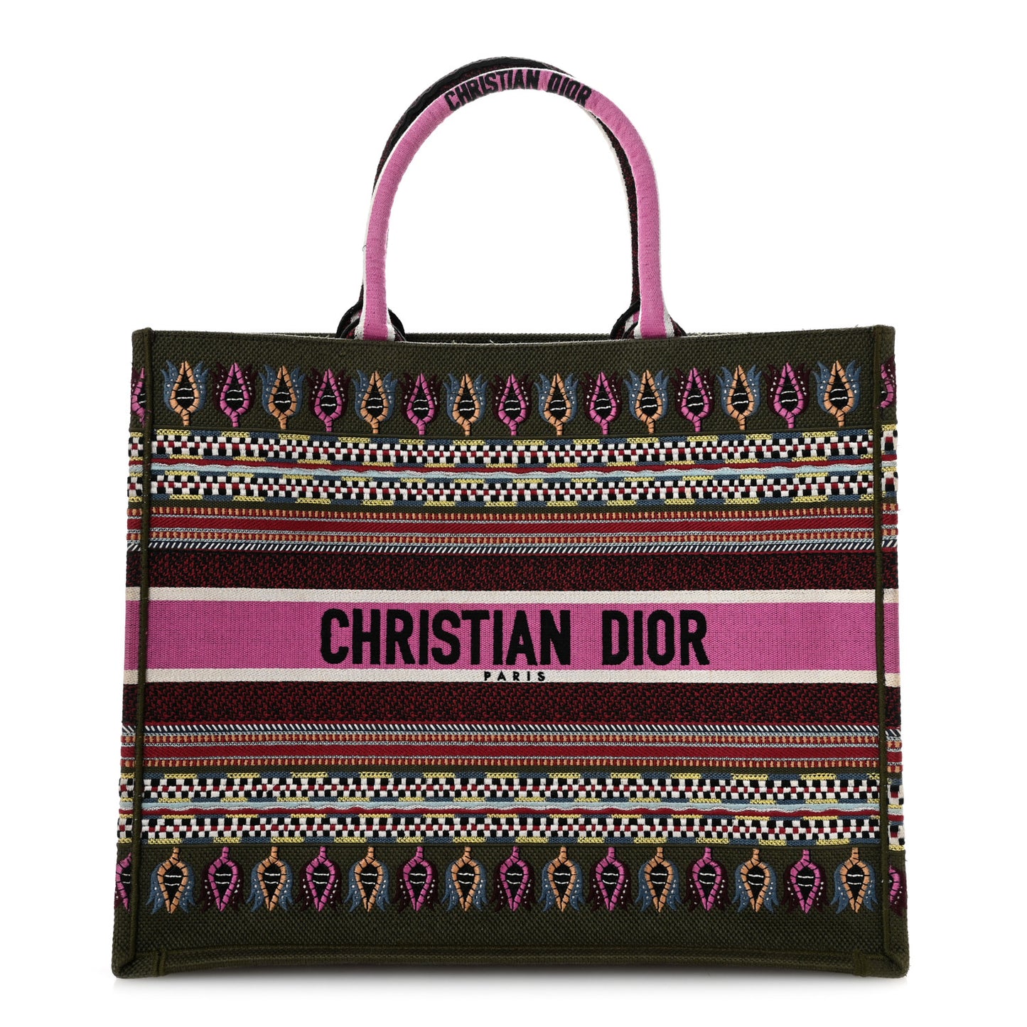 Canvas Embroidered Book Tote Olive Multicolor