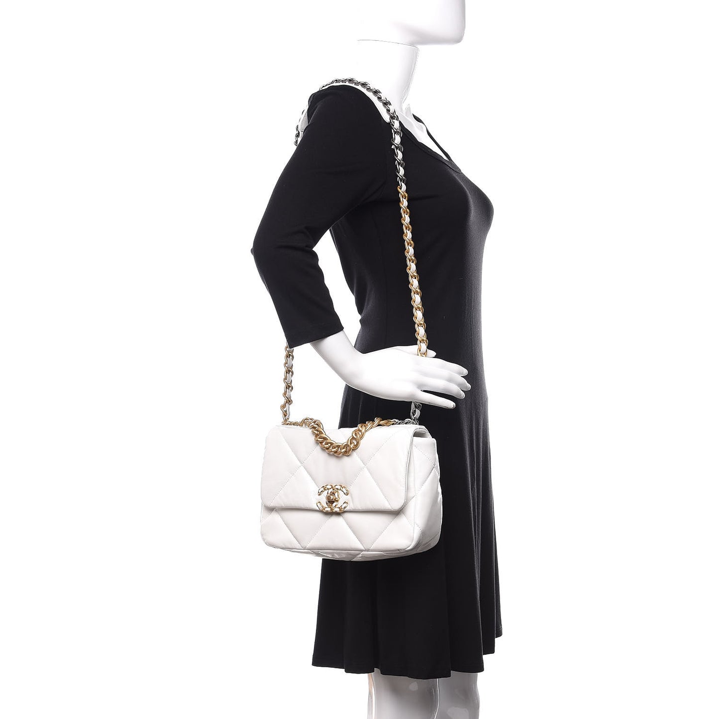 Shiny Crumpled Calfskin Quilted Medium 19 Flap White