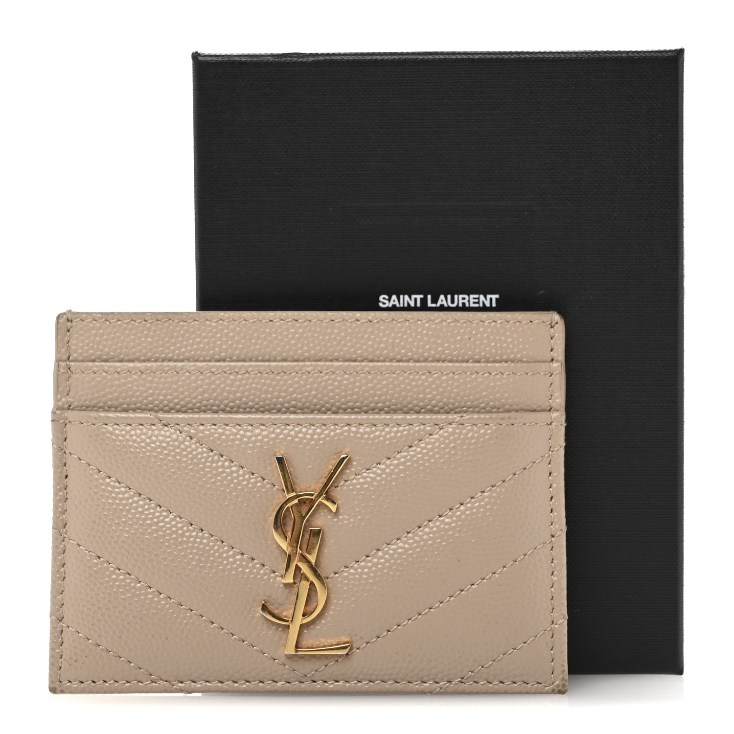Saint Laurent Grain De Poudre Matelasse Chevron Monogram Credit Card Case Dark Beige 11 of 11