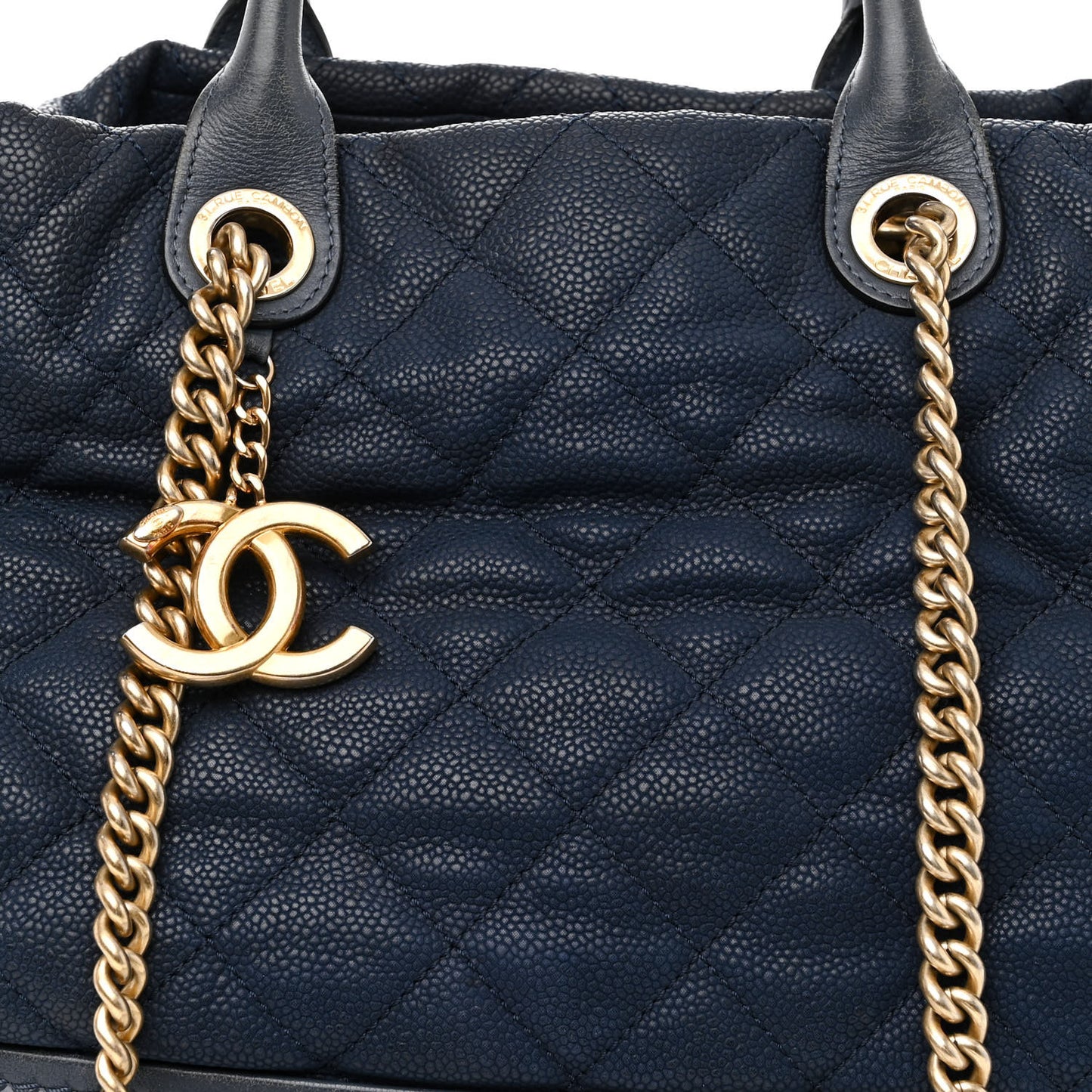 Iridescent Caviar Quilted Globe Trotter Shopping Tote Navy Blue