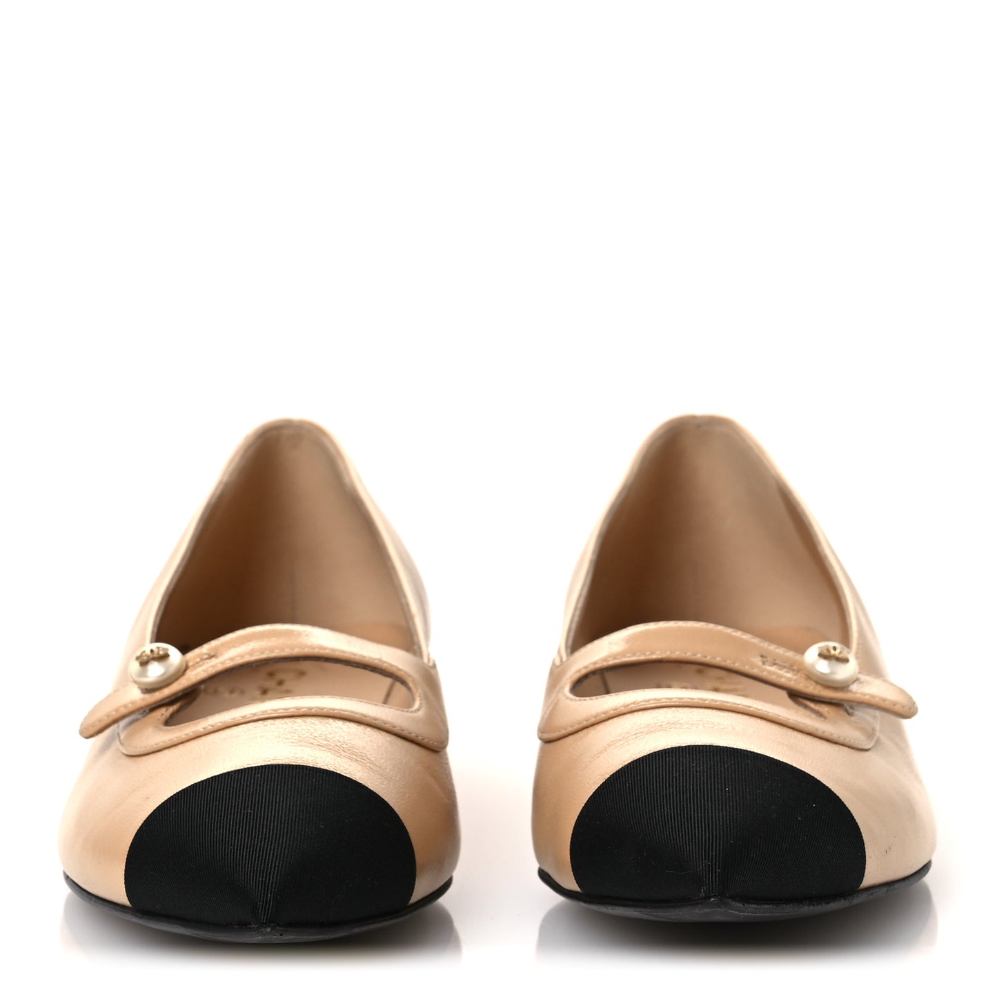 Lambskin Grosgrain Pointed Toe CC Ballet Flats 39 Beige Black