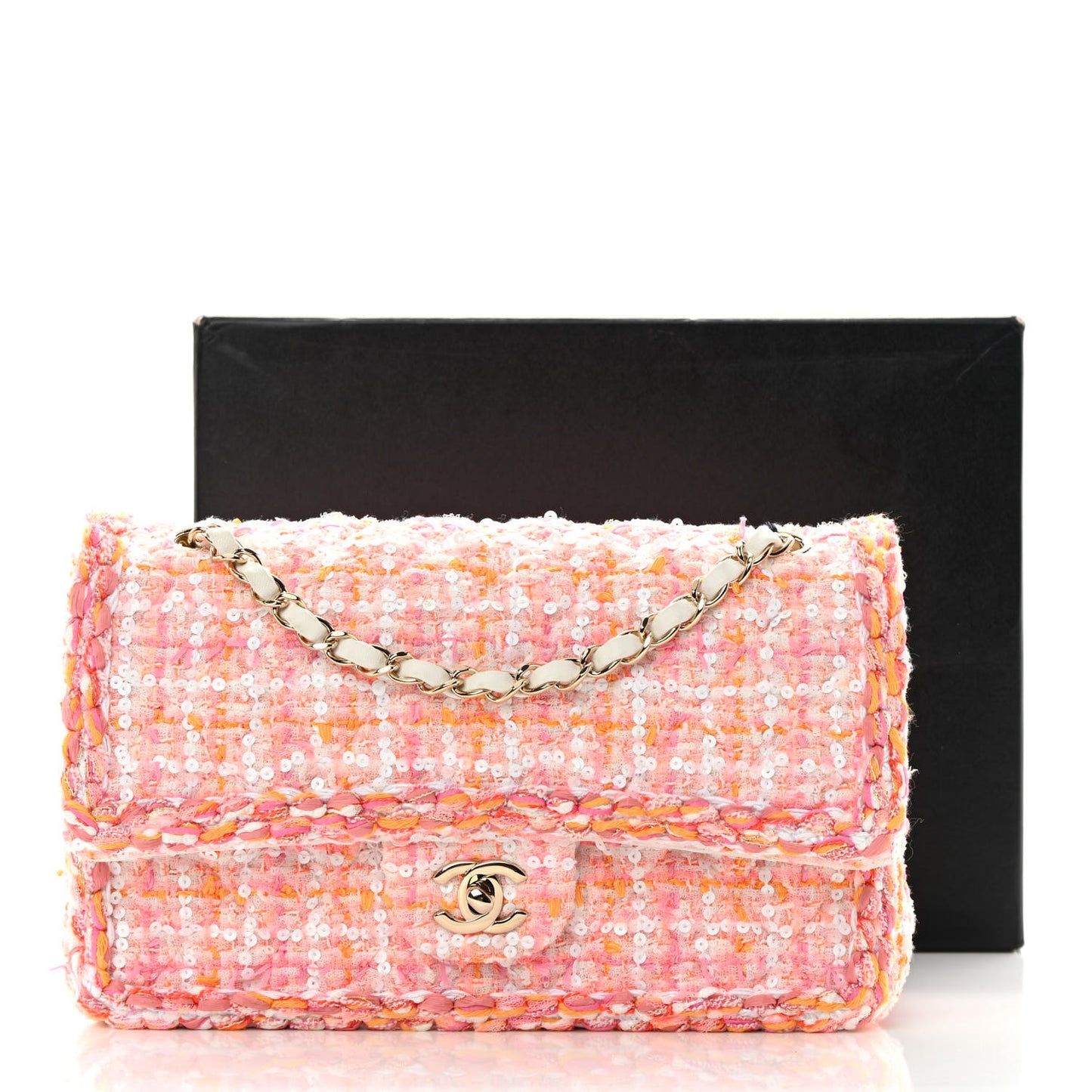 Tweed Braid Sequin Medium Double Flap White Pink Orange