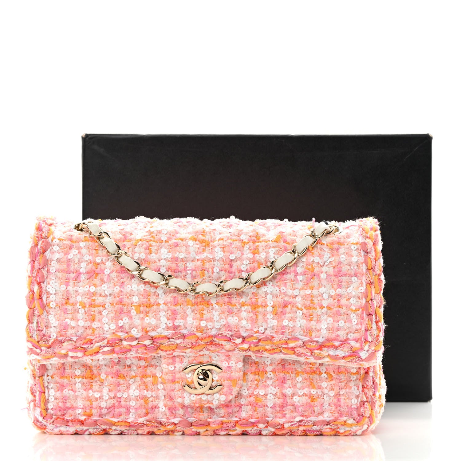Chanel Tweed Braid Sequin Medium Double Flap White Pink Orange 13 of 13