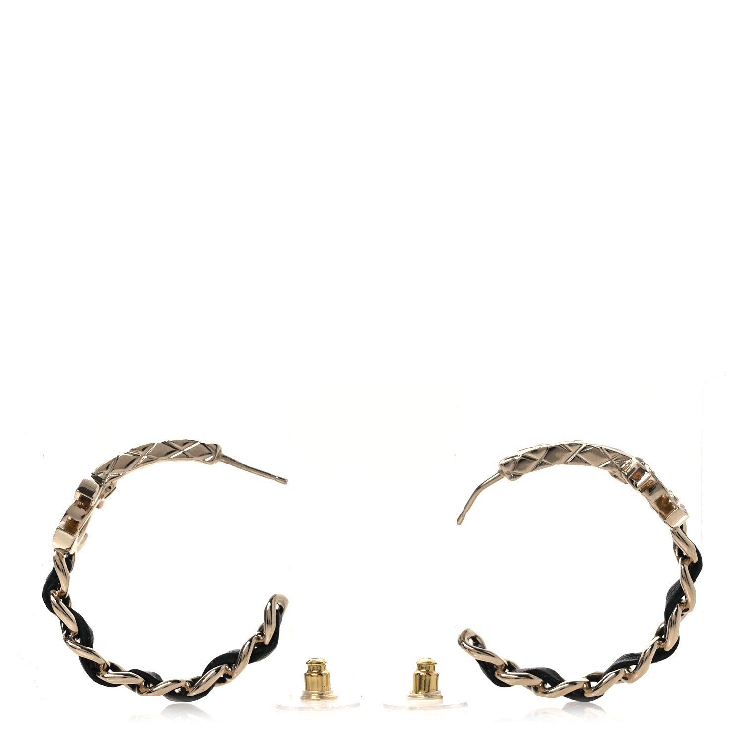 Chanel Metal Crystal Lambskin Quilted CC Chain Hoop Earrings Gold Black 3 of 4