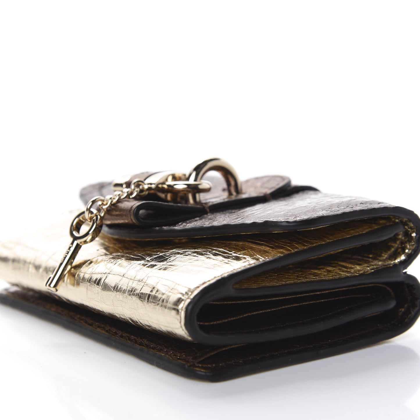 Metallic Crinkled Lambskin Shiny Calfskin Small Aby Tri-Fold Wallet Gold Bronze