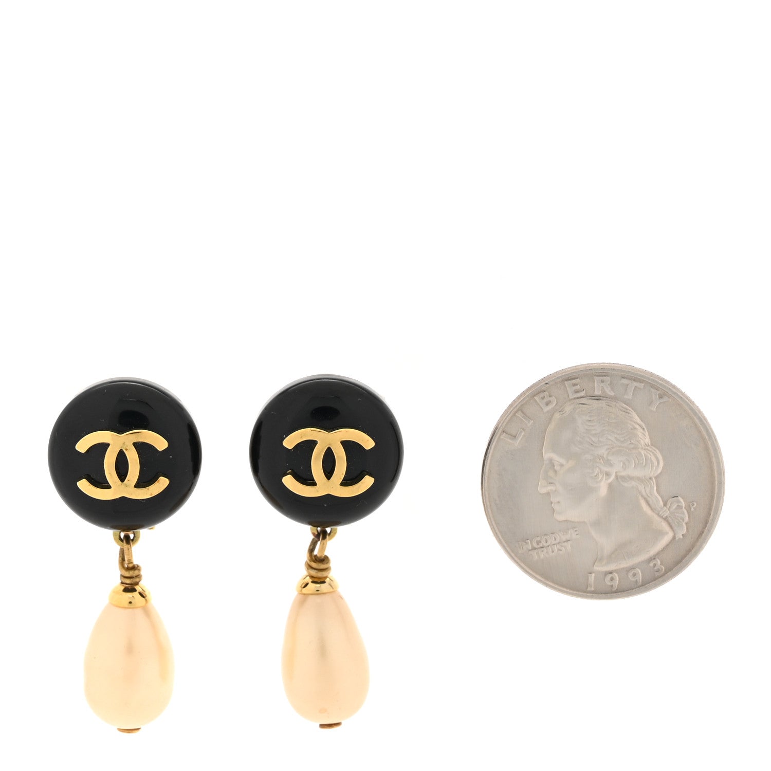 Chanel Resin Pearl CC Drop Clip On Earrings Gold Black White 2 of 4