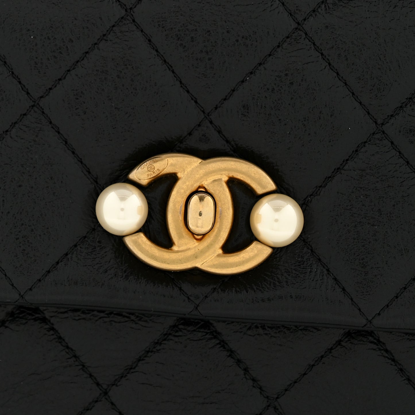 Glazed Calfskin Quilted Mini Pearl Side Flap Black