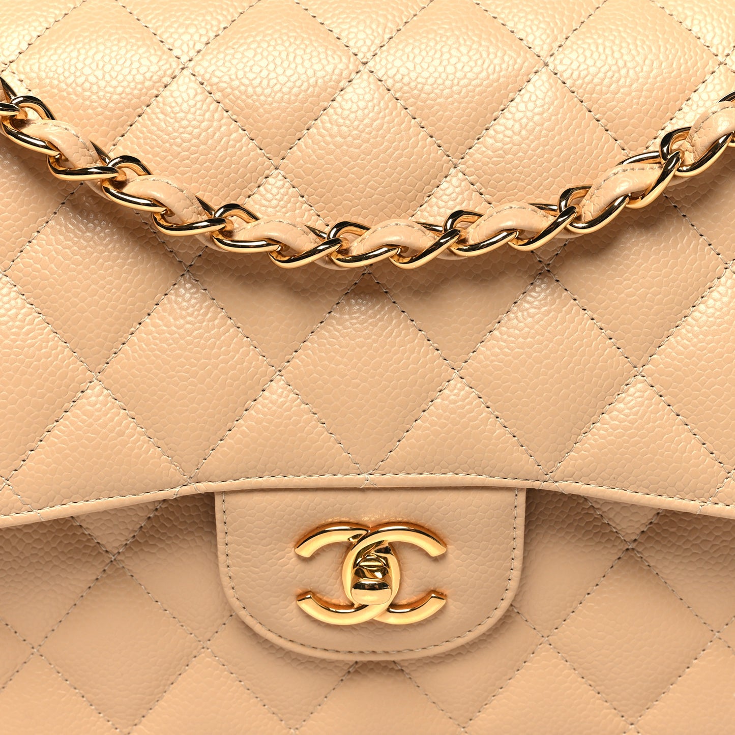 Caviar Quilted Jumbo Double Flap Light Beige