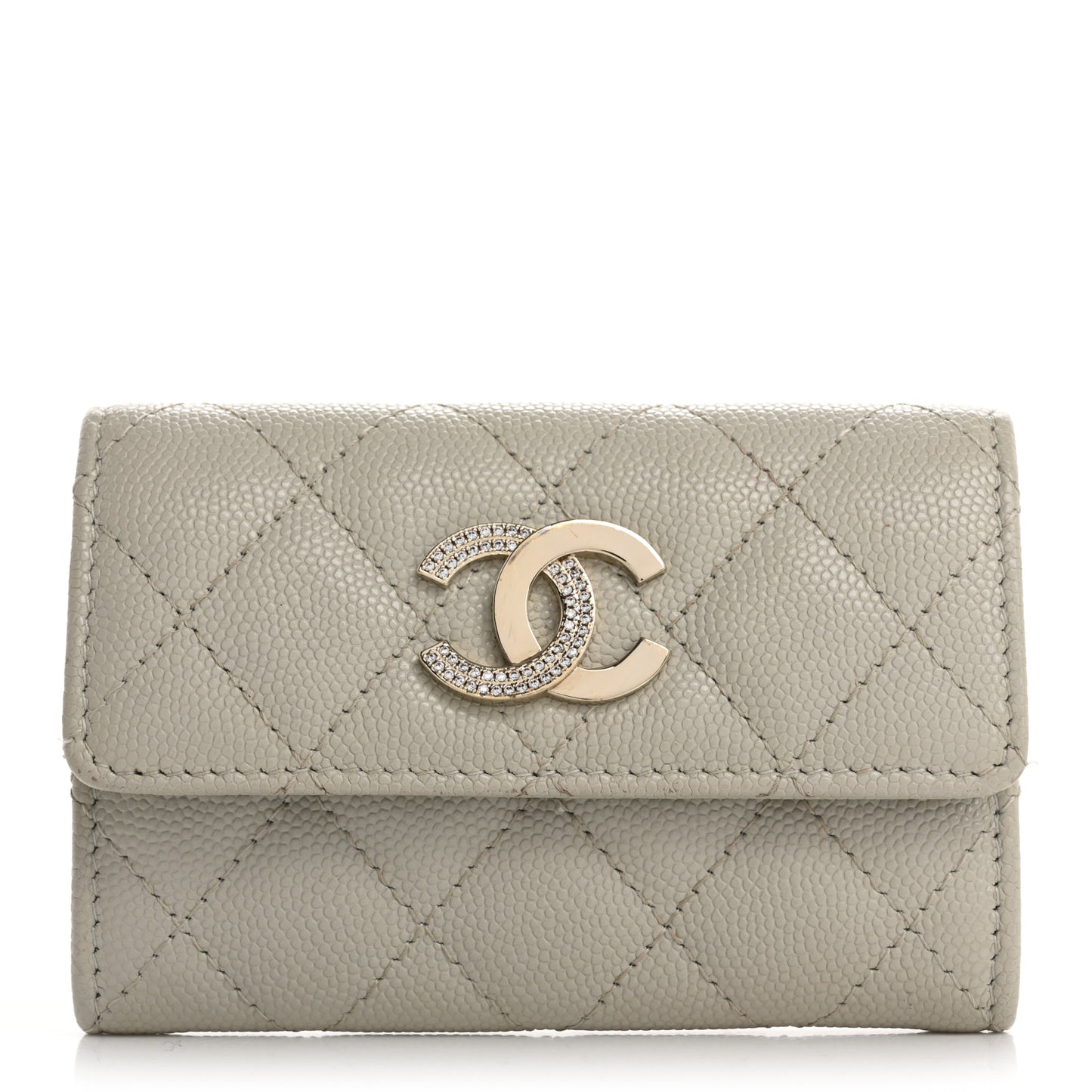 Caviar Quilted Crystal CC Flap Card Holder Light Grey