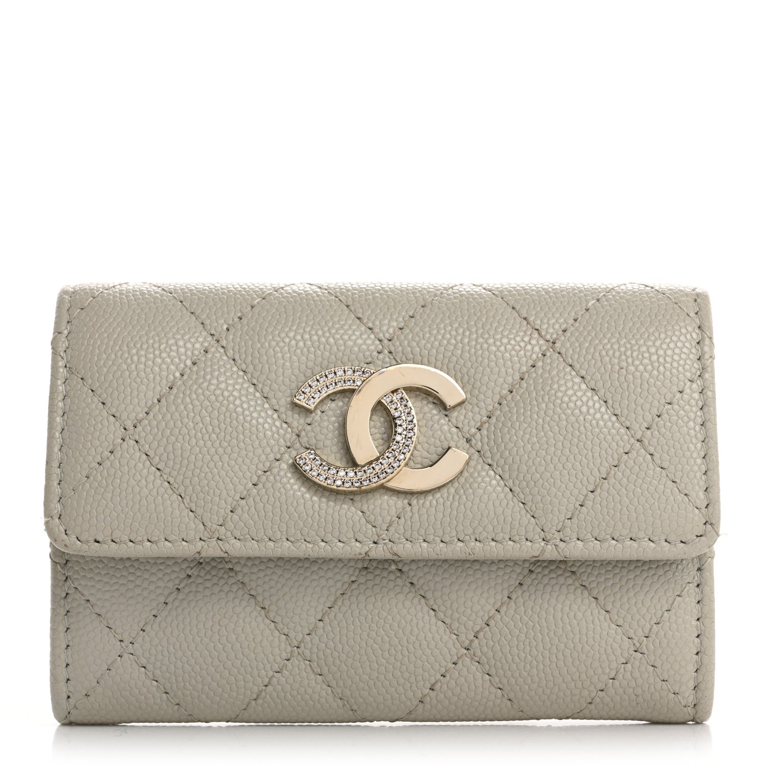 Chanel Caviar Quilted Crystal CC Flap Card Holder Light Grey 1 of 14