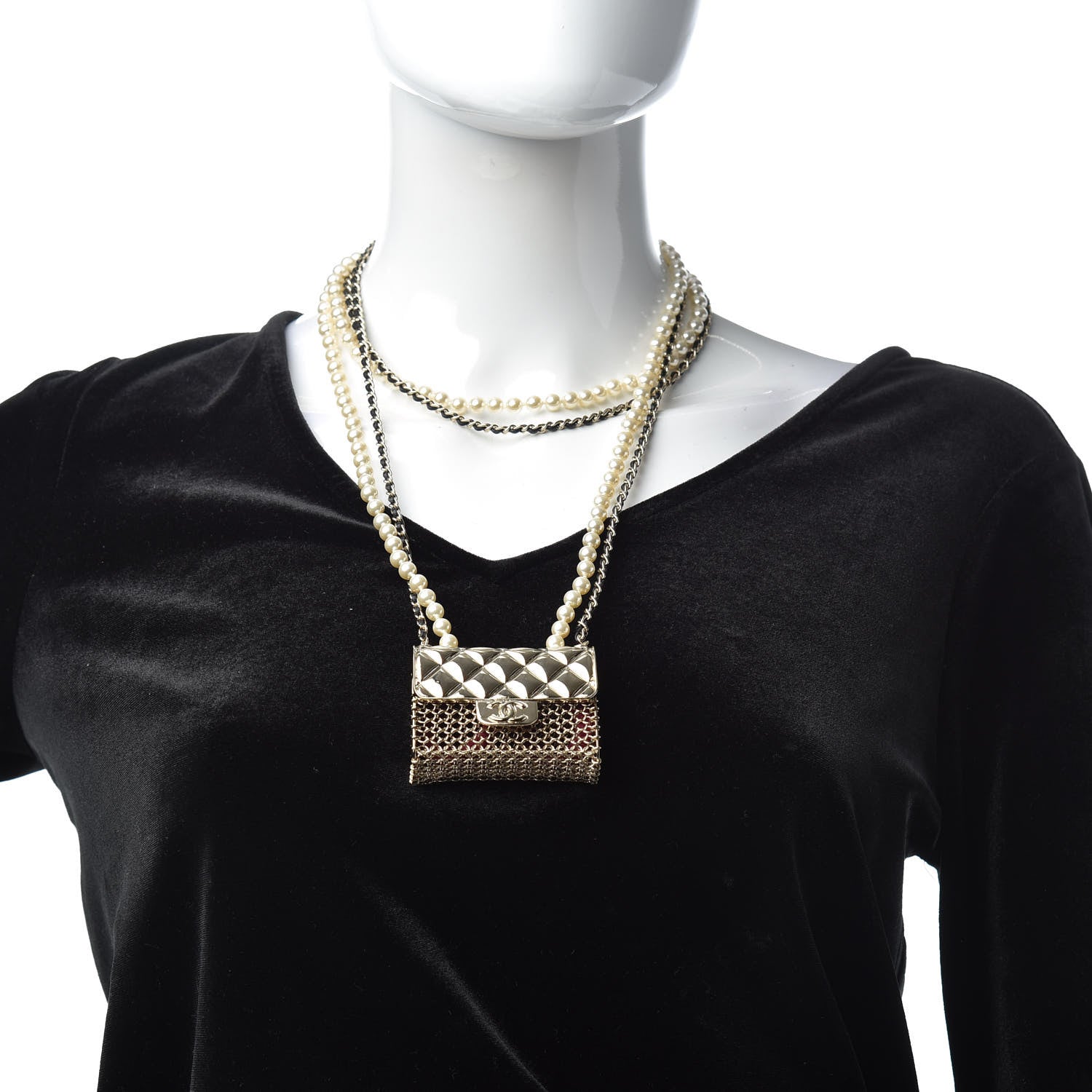 Chanel Metal Lambskin Pearl Chain Flap Bag Long Necklace Gold Black Pearly White 2 of 6