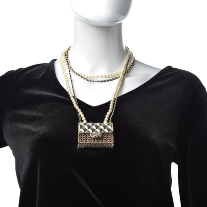 Chanel Metal Lambskin Pearl Chain Flap Bag Long Necklace Gold Black Pearly White 2 of 6