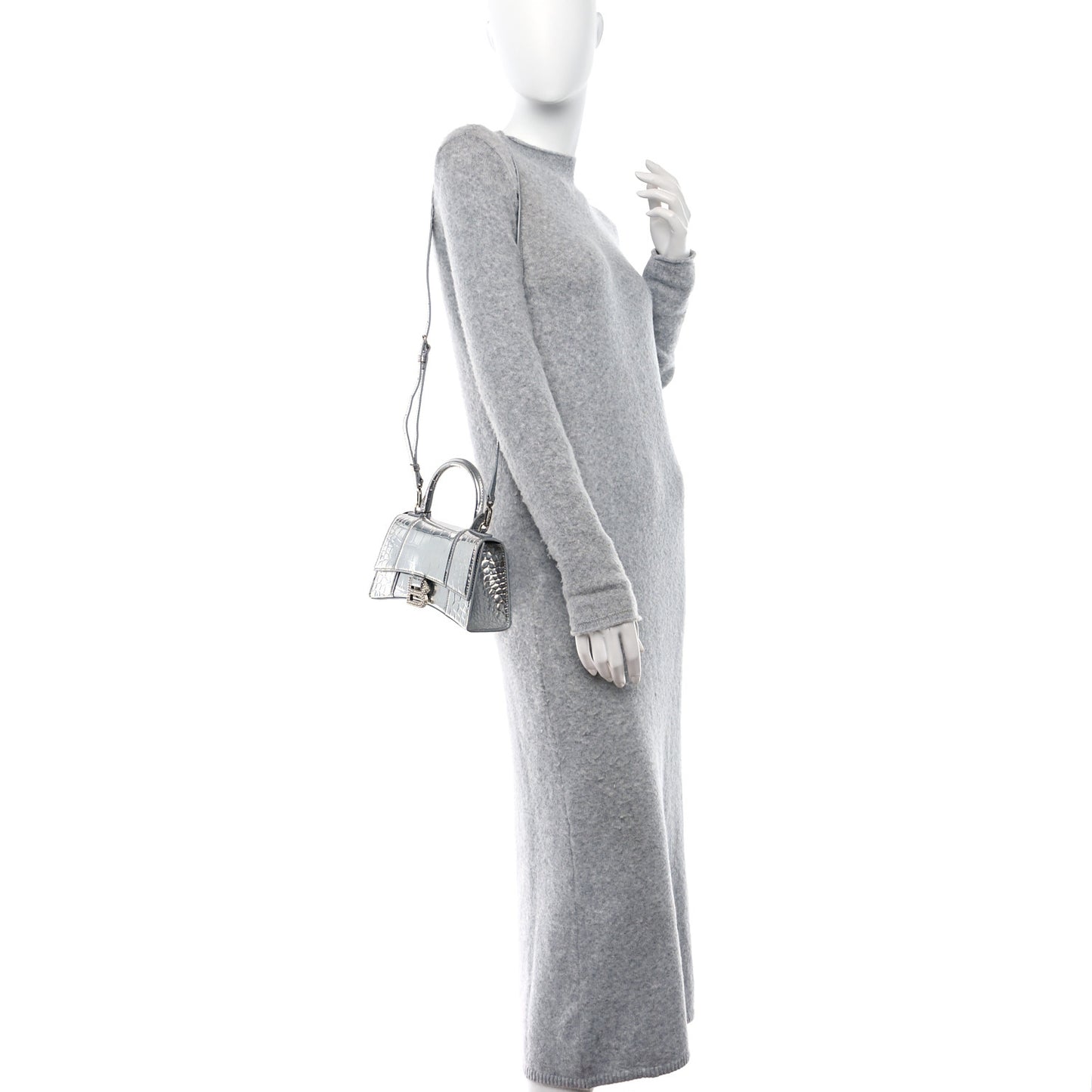 Metallic Calfskin Crocodile Embossed Crystal Hourglass Top Handle Bag XS Silver