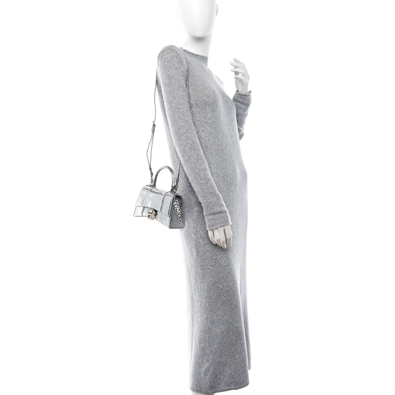 Balenciaga Metallic Calfskin Crocodile Embossed Crystal Hourglass Top Handle Bag XS Silver 2 of 16