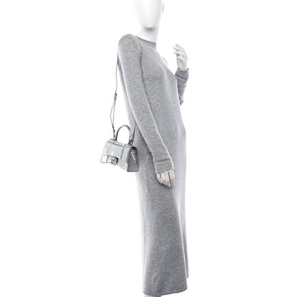 Balenciaga Metallic Calfskin Crocodile Embossed Crystal Hourglass Top Handle Bag XS Silver 2 of 16
