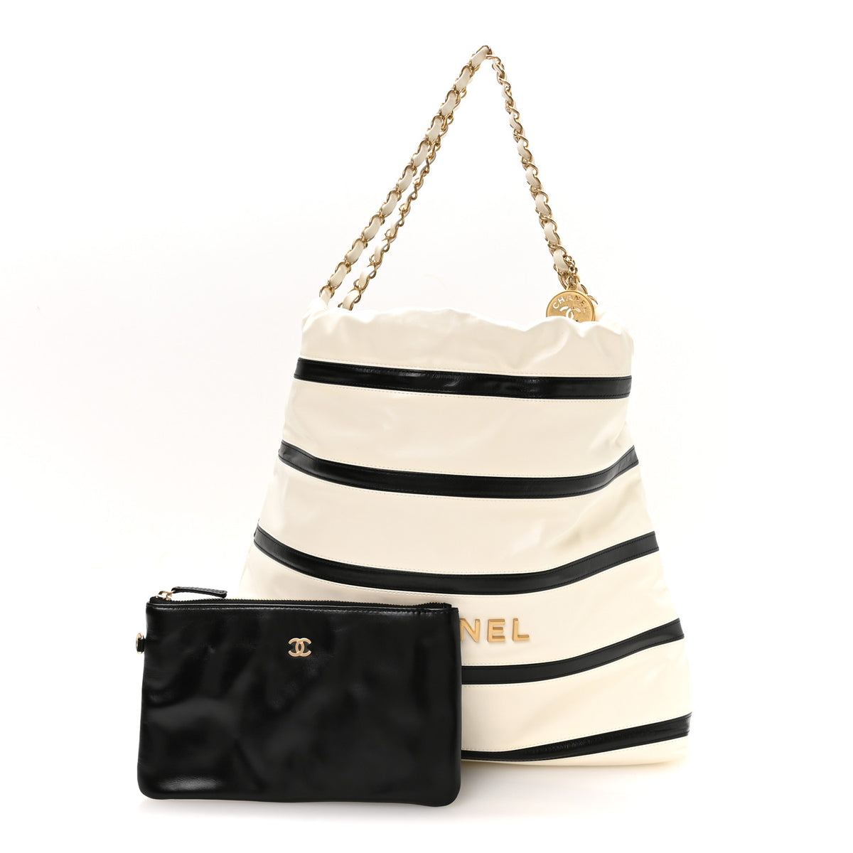 Chanel Shiny Calfskin Striped Small Chanel 22 Black White 3 of 12