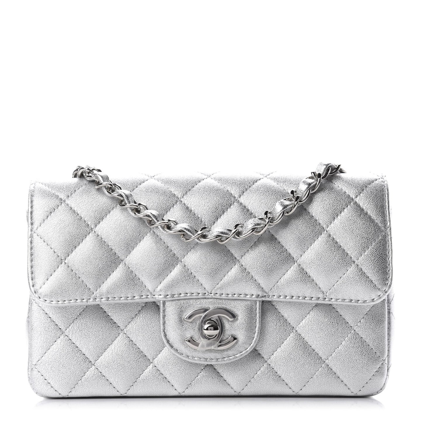 Metallic Lambskin Quilted Mini Rectangular Flap Silver
