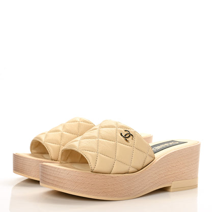Chanel Lambskin Quilted CC Slip On Platform Sandals 39 Beige 3 of 9