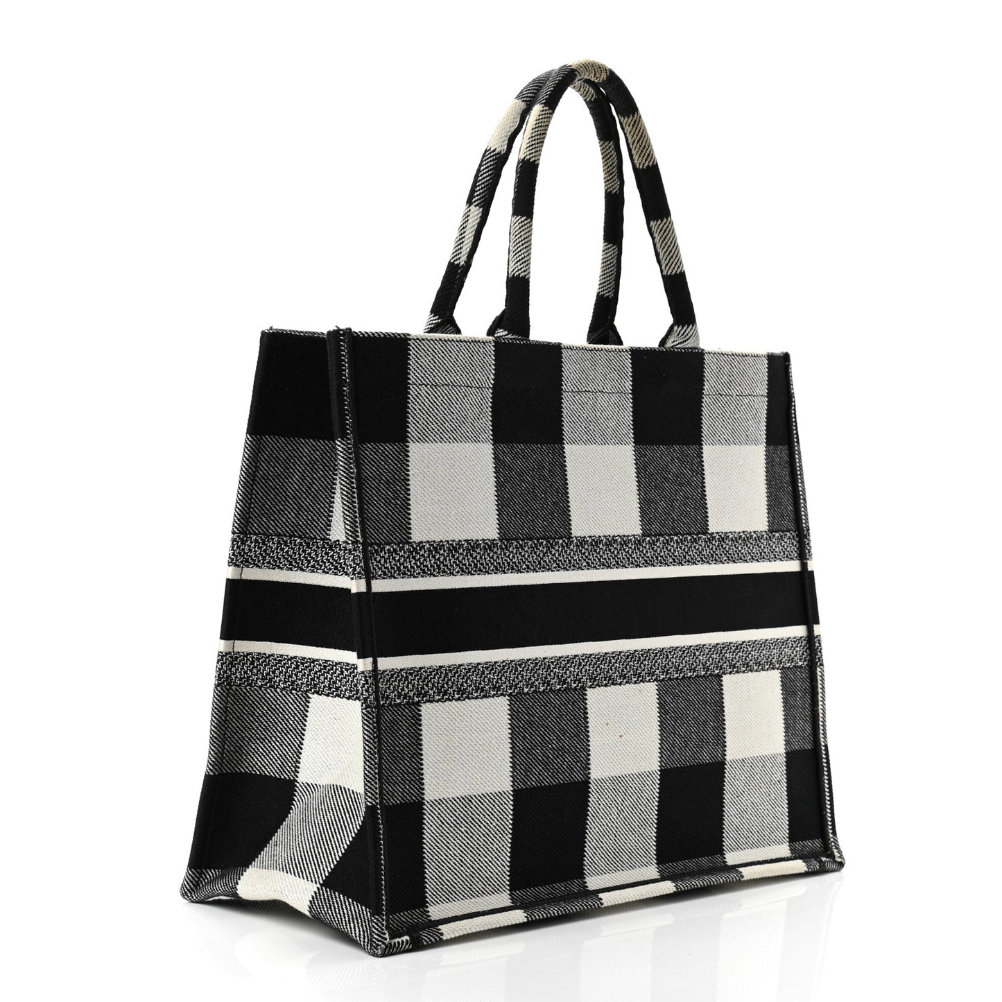 Canvas Embroidered Checkered Book Tote Black White