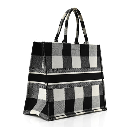 Christian Dior Canvas Embroidered Checkered Book Tote Black White 3 of 11