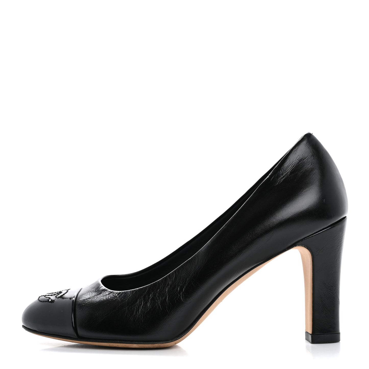 Lambskin Patent Calfskin Cap Toe CC Pumps 34 Black