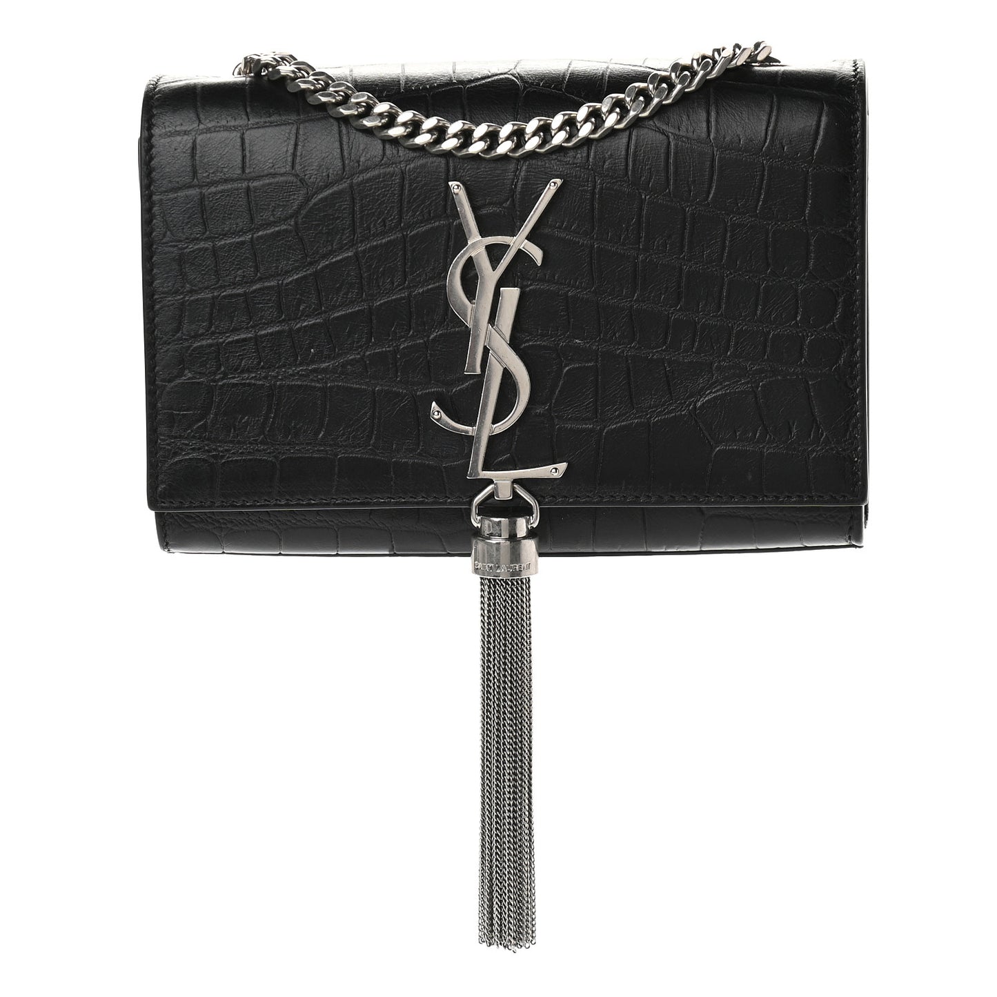 Calfskin Crocodile Embossed Small Classic Monogram Kate Tassel Satchel Black