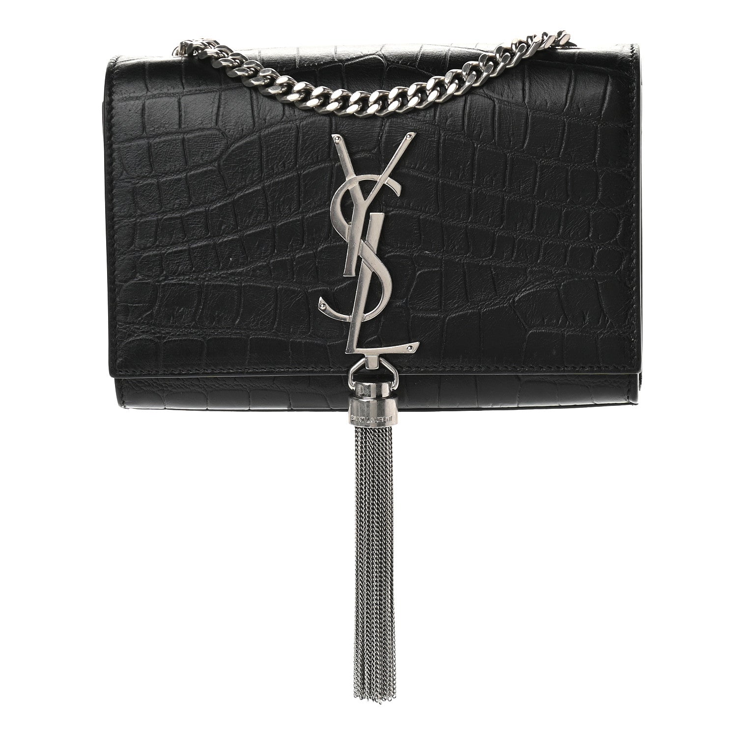 Saint Laurent Calfskin Crocodile Embossed Small Classic Monogram Kate Tassel Satchel Black 1 of 8