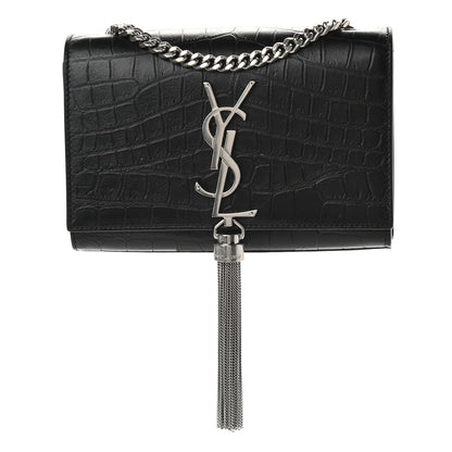 Saint Laurent Calfskin Crocodile Embossed Small Classic Monogram Kate Tassel Satchel Black 1 of 8