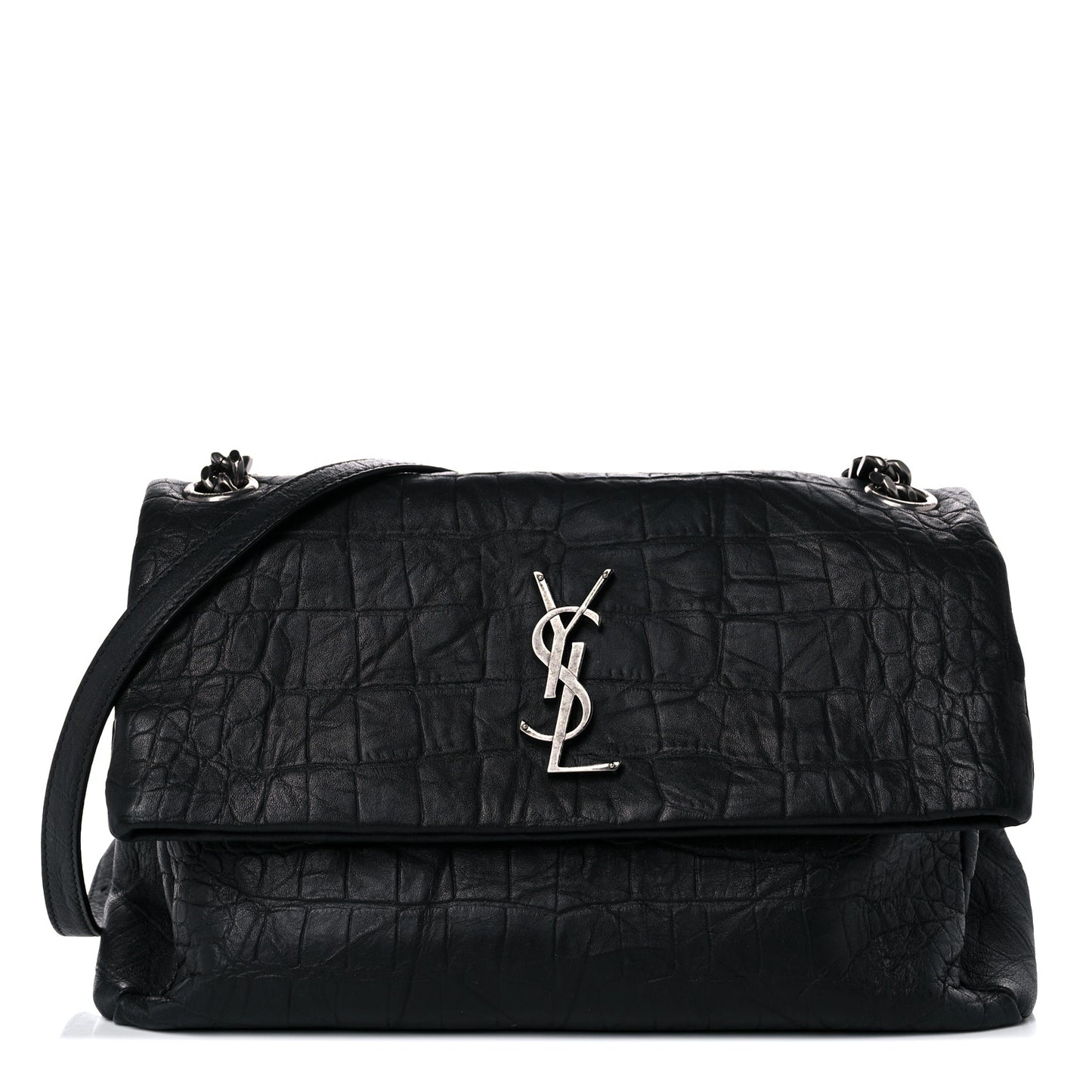 Calfskin Crocodile Embossed Medium West Hollywood Monogram Fold-Over Black