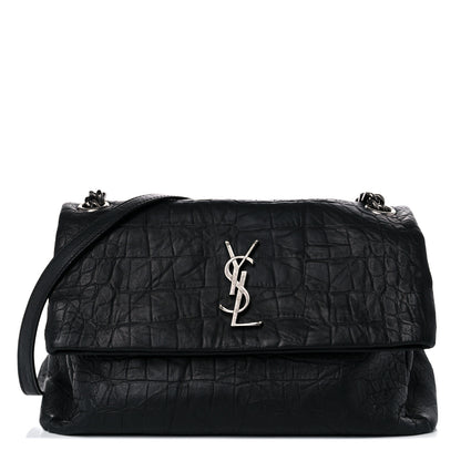 Saint Laurent Calfskin Crocodile Embossed Medium West Hollywood Monogram Fold-Over Black 1 of 14