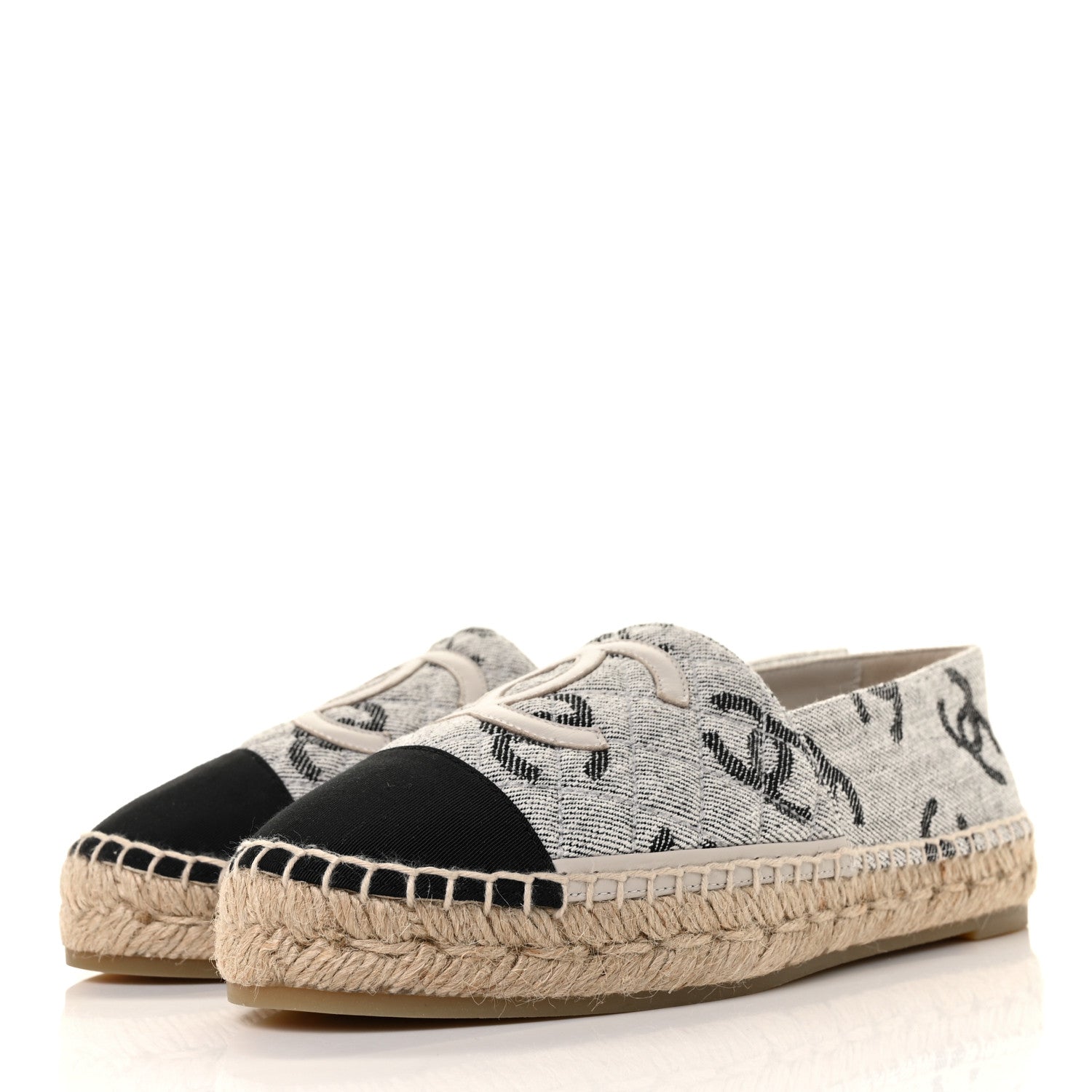 Chanel Cotton Jacquard Grosgrain CC Print Espadrilles 38 Grey Black 3 of 10