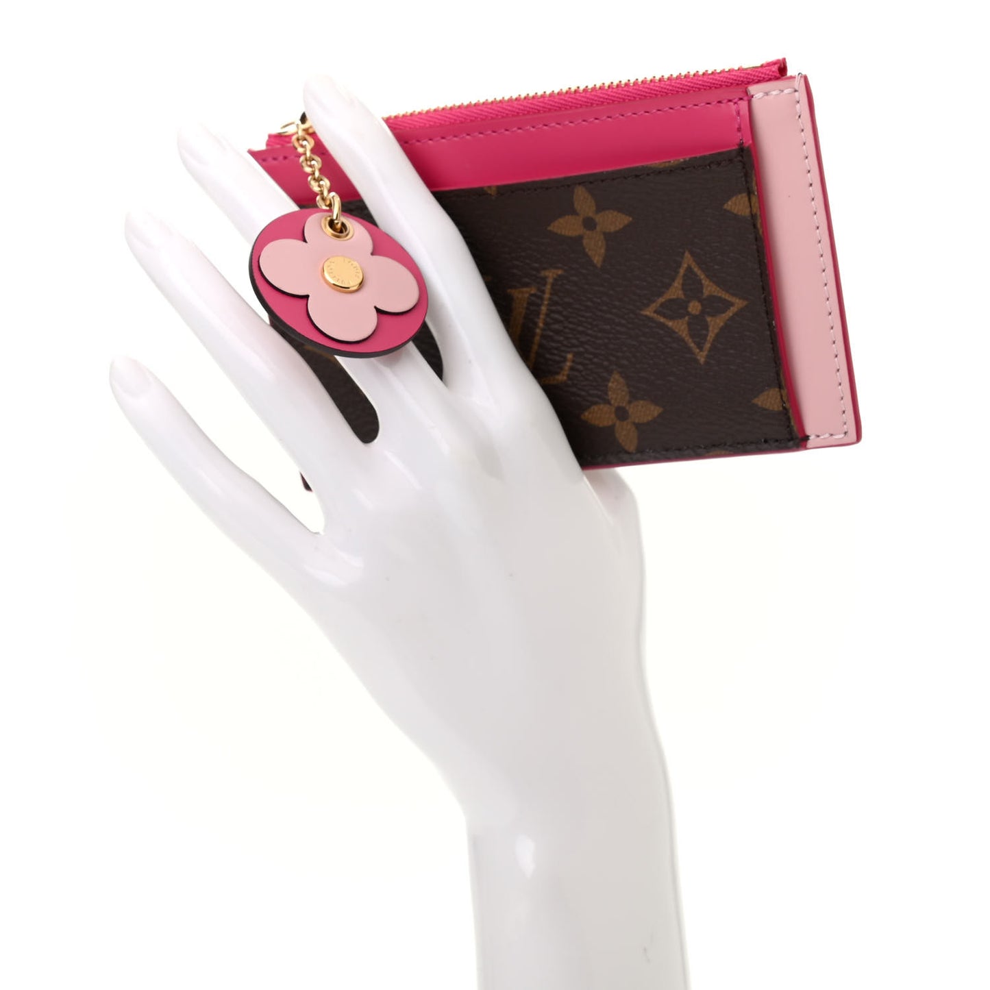 Monogram Blooming Flowers Zipped Card Holder Hot Pink Rose Ballerine