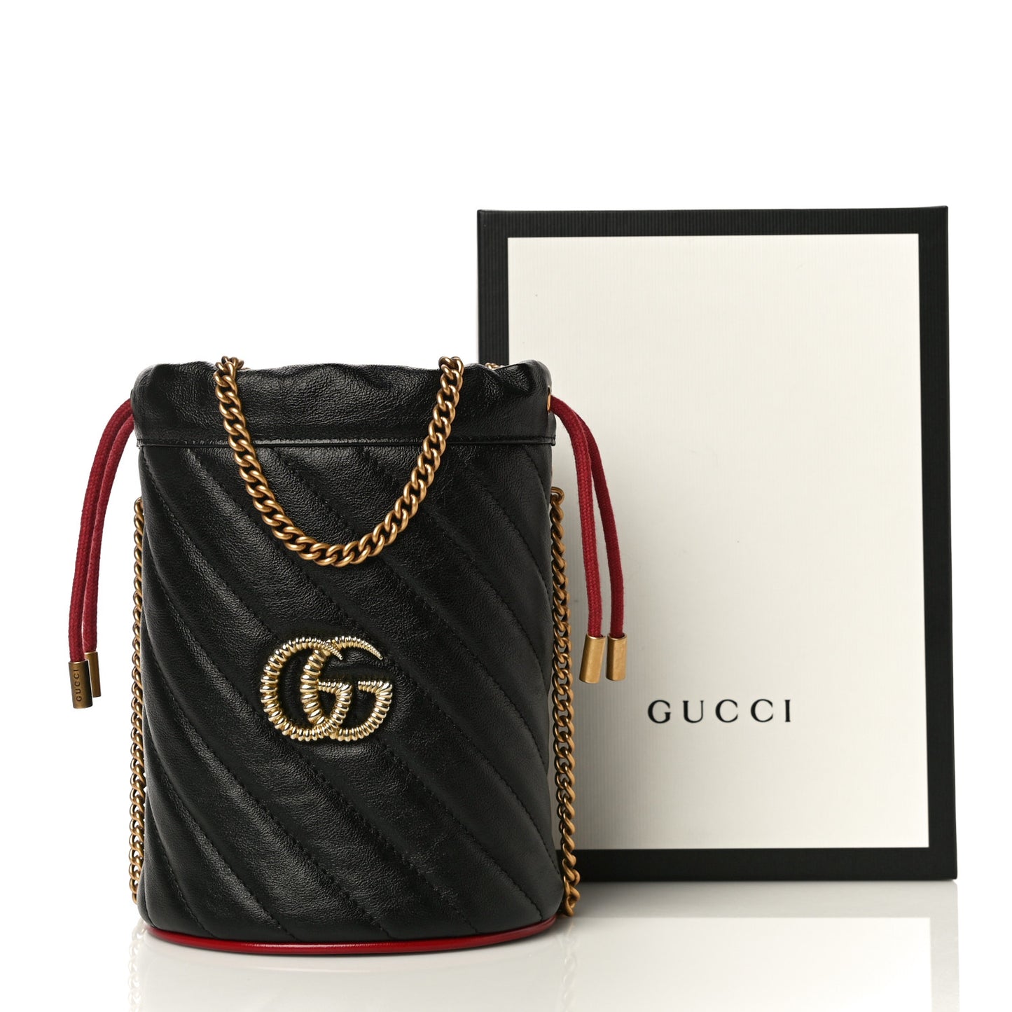 Vintage Effect Calfskin Matelasse Diagonal Mini Torchon GG Marmont 2.0 Bucket Bag Black Romantic Cherry