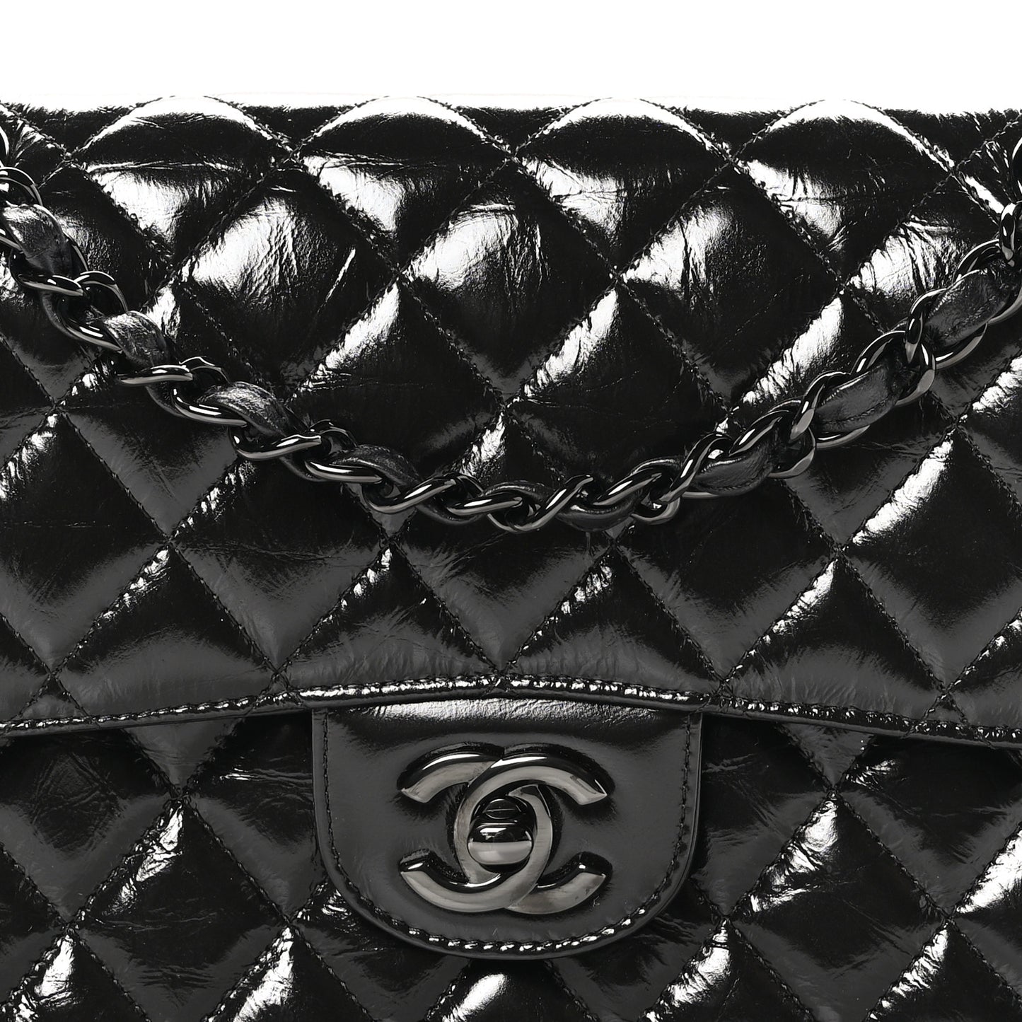 Shiny Crumpled Calfskin Quilted Small Double Flap So Black