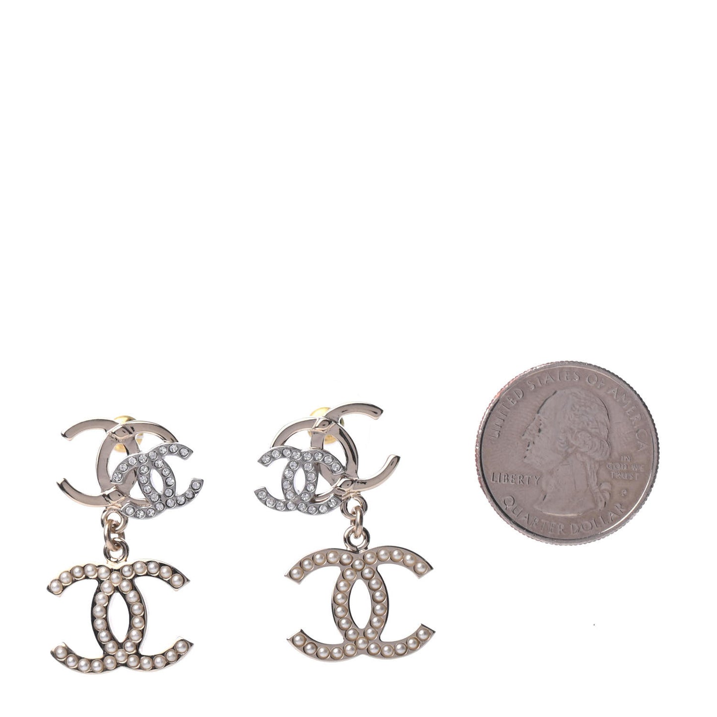 Crystal Pearl Double CC Drop Earrings Gold Silver