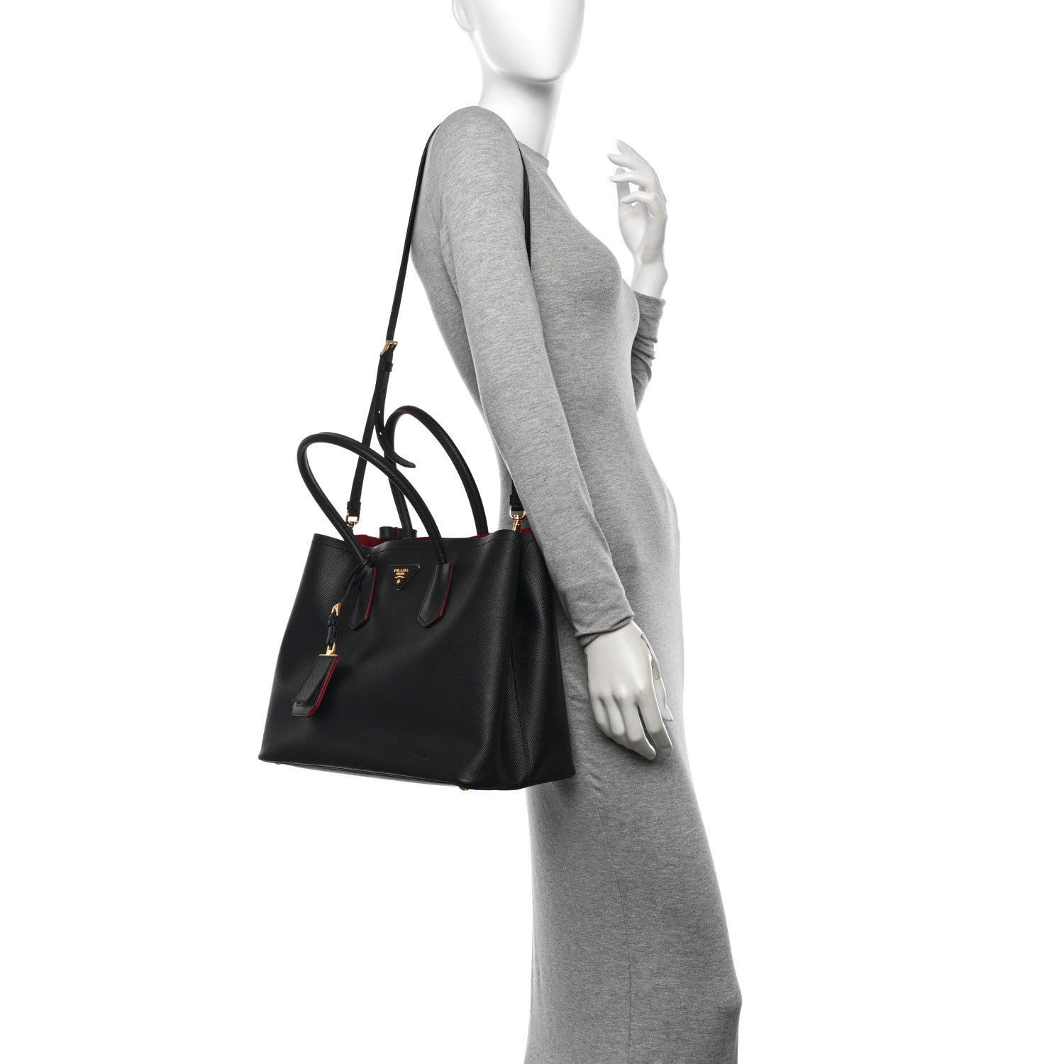 Prada Saffiano Cuir Medium Double Bag Black Fuoco 2 of 14