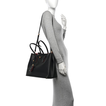 Prada Saffiano Cuir Medium Double Bag Black Fuoco 2 of 14