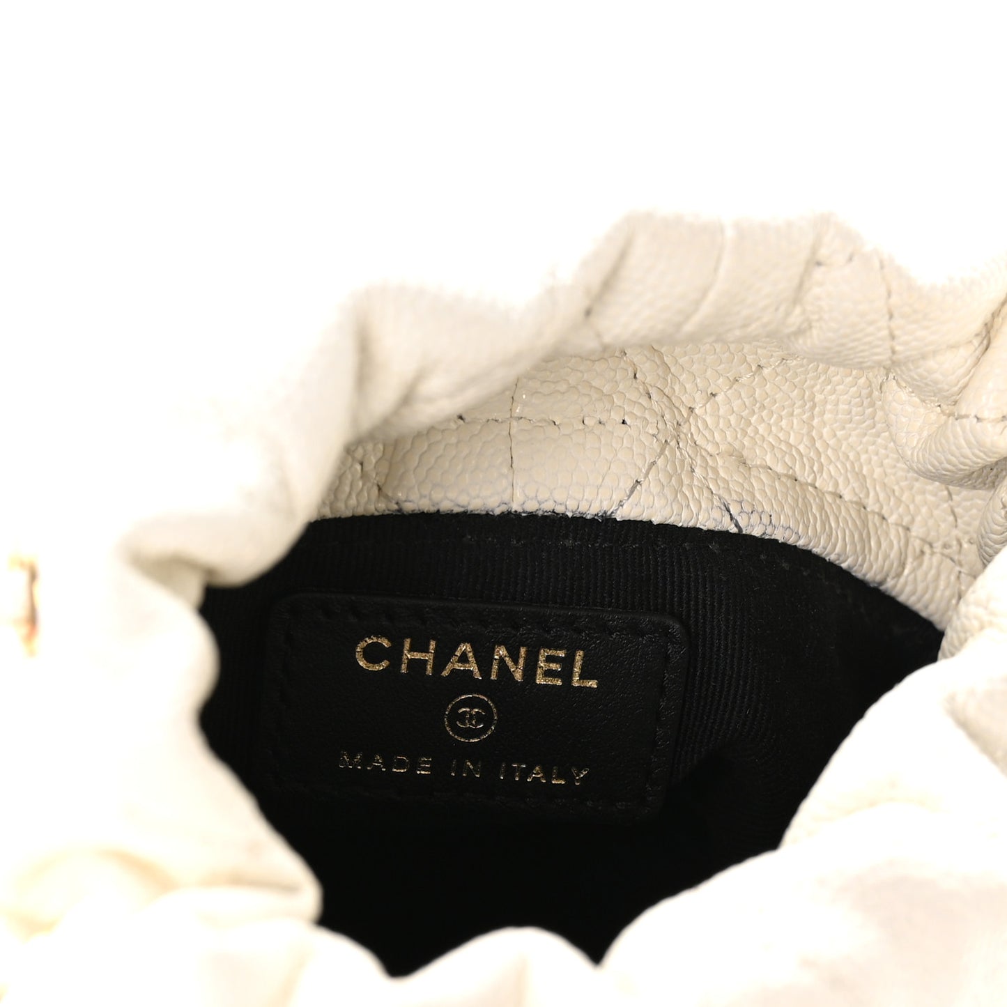 Caviar Quilted Coco First Bucket Clutch With Chain White
