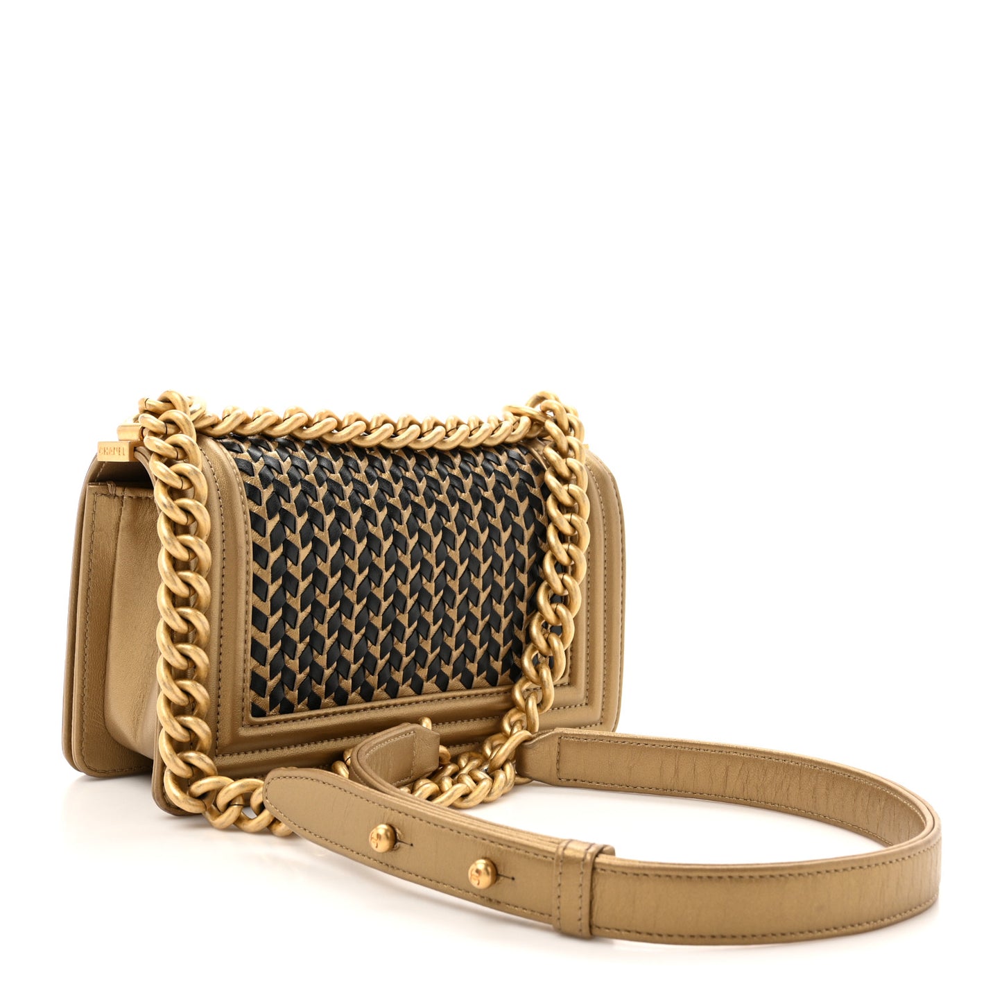 Metallic Lambskin Woven Small Boy Flap Black Gold