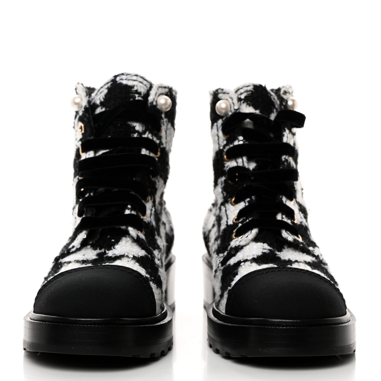 Tweed Grosgrain Pearl Combat Short Boots 38.5 White Black