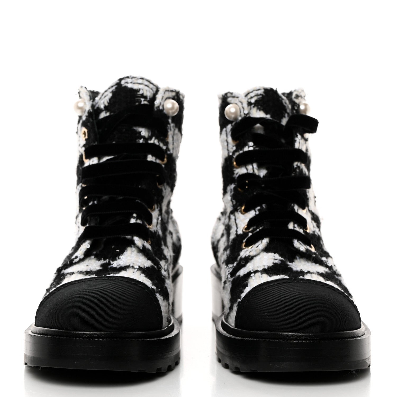 Chanel Tweed Grosgrain Pearl Combat Short Boots 38.5 White Black 2 of 9