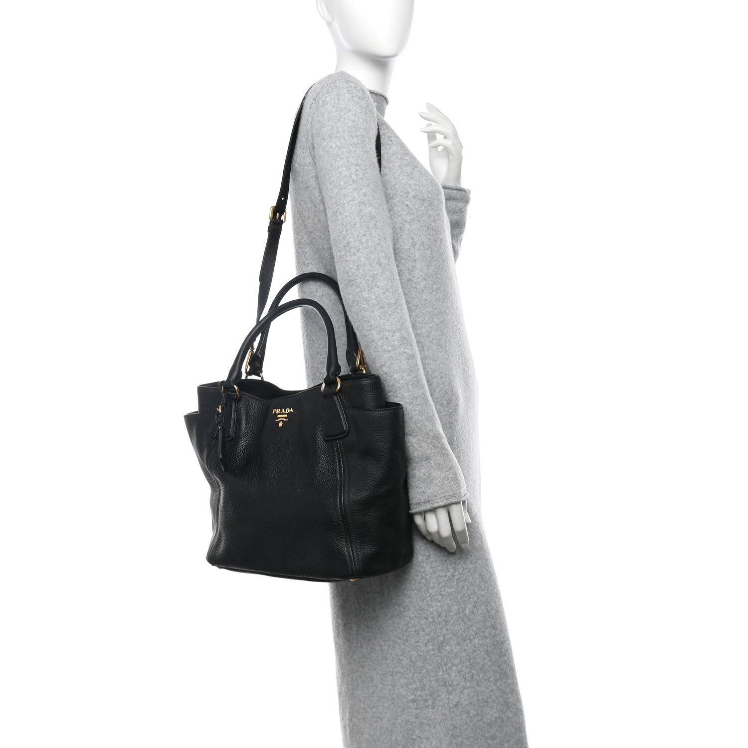 Prada Vitello Daino Side Pocket Tote Black 2 of 10