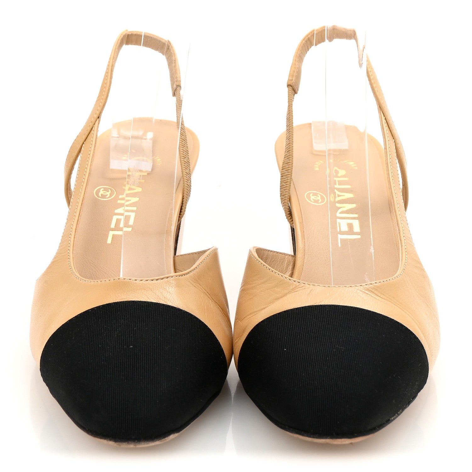 Chanel Goatskin Grosgrain Cap Toe CC Slingback Pumps 37 Beige Black 3 of 9